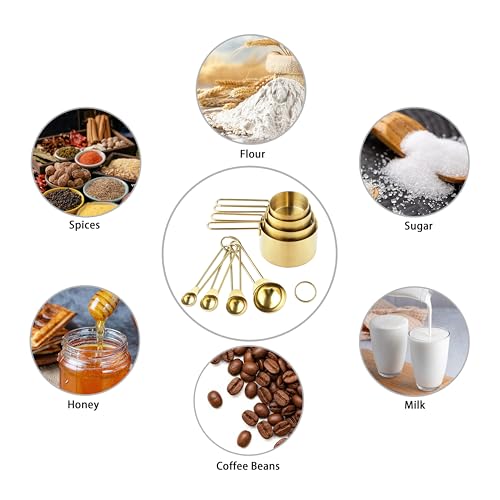 Measuring Cups and Spoons Set, Kaloo 8PCS Stainess Steel Metal Measuring Cups, Gold Finish, Ideal for Cooking and Baking