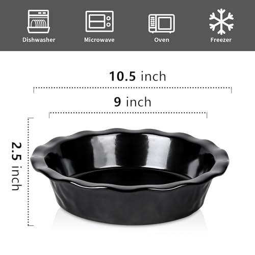 vicrays Ceramic Pie Pan for Baking - 9 inch Pie Plate, Round, Fluted and Deep Pie Dish for Tart, Pizza, Apple Pie, Quiche, Pot Pies, Cake - Reactive Glaze (Black)