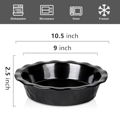 vicrays Ceramic Pie Pan for Baking - 9 inch Pie Plate, Round, Fluted and Deep Pie Dish for Tart, Pizza, Apple Pie, Quiche, Pot Pies, Cake - Reactive Glaze (Black)