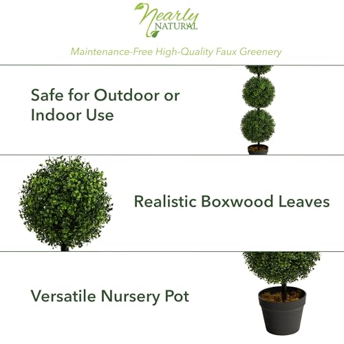 Nearly Natural 36in Artificial Triple Ball Boxwood Topiary Tree - Indoor Outdoor Realistic Faux Greenery for Home Patio Office Decor, Low Maintenance