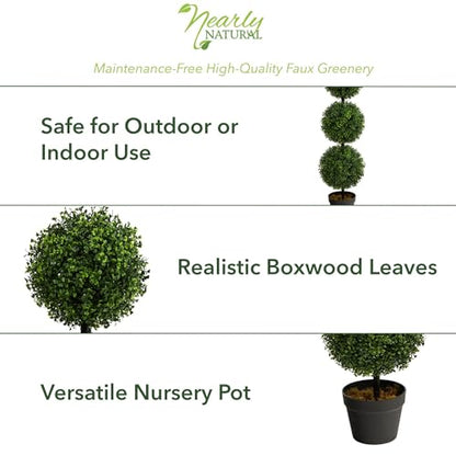 Nearly Natural 36in Artificial Triple Ball Boxwood Topiary Tree - Indoor Outdoor Realistic Faux Greenery for Home Patio Office Decor, Low Maintenance