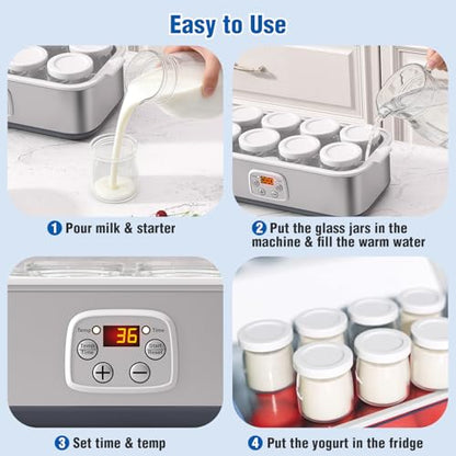HOPERAN Yogurt Maker with Adjustable Time and Temp Control, Yogurt Maker Machine with Automatic Shut-Off & Constant Temper for Homemade Probiotic, Greek Yogurt, BPA-Free 48 oz 8 Jars (Silver)