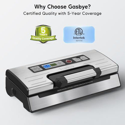 Gasbye 95kPa Precision Vacuum Sealer Machine, Double Heat Seal for Dry/Moist Food, Easy-Lock Handle, Built-in Bag Storage & Cutter, Progress Display, Pulse Mode, Removable Drip Tray, Silver