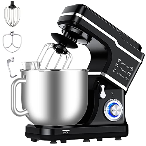 Garvee 7.5 QT Stand Food Mixer, 10-Speed Tilt Head 3 in-1 Kitchen Electric Mixer with Stainless Steel Bowl, Egg Whisk, Dough Hook, Beater, Splash Guard, Compact Dough Mixer for Home Cooks, Black