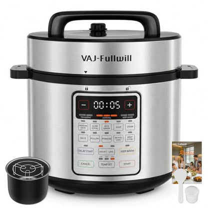 VAJ 8-Quart Electric Pressure Cooker, 12-in-1, 14 Presets, 1200W, Silver