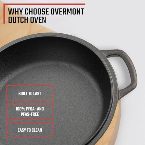 Overmont 2-in-1 Cast Iron Dutch Oven - 7QT Pre-Seasoned All-in-One Casserole Braising Pan with Skillet Lid Cookbook & Silicone Handle Covers - Heavy Duty Oven-Safe Pot for Sourdough Baking Frying Camping