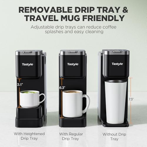 Tastyle 330MF Single Serve Coffee Maker with Built-in Detachable Milk Frother, Iced and Hot Coffee Machine for K Cup & Grounds, 40oz Removable Water Reservoir, 6 Cup Sizes, Fits 7.3" Travel Mug, Black