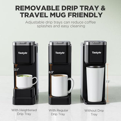Tastyle 330MF Single Serve Coffee Maker with Built-in Detachable Milk Frother, Iced and Hot Coffee Machine for K Cup & Grounds, 40oz Removable Water Reservoir, 6 Cup Sizes, Fits 7.3" Travel Mug, Black