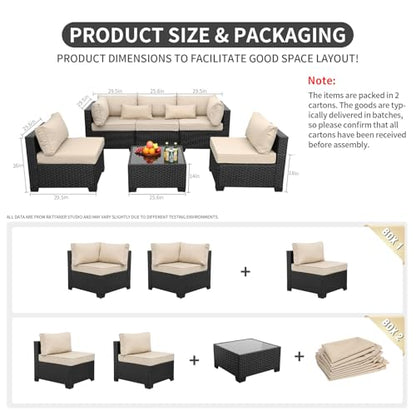 Rattaner Patio Sectional 6 Pieces All-Weather Wicker Patio Furniture Set Outdoor Sectional with Glass Table Non-Slip Cushions and Waterproof Cover, Khaki