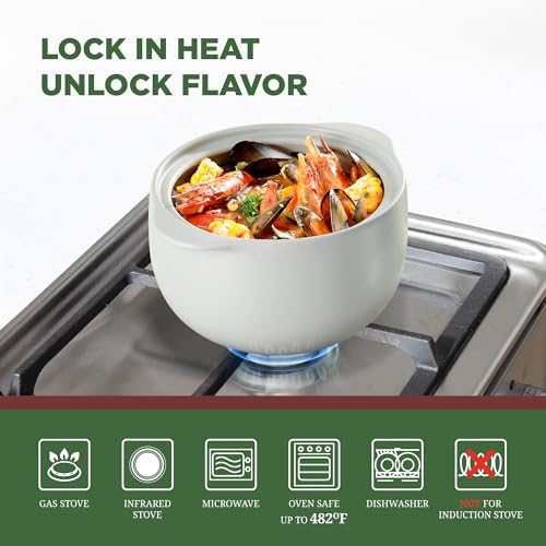 MINH LONG 2-Qt Porcelain Dutch Oven with Lid – Lead & Cadmium Free, Oven Safe to 482°F, Heat Retention, Clay Pot for Cooking on Gas & Infrared Cooktop, Use to Marinate, Cook, Bake, Refrigerate & Serve