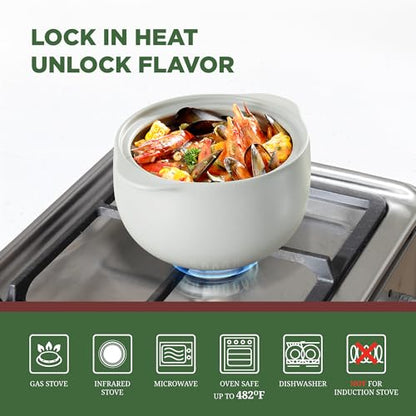 MINH LONG 2-Qt Porcelain Dutch Oven with Lid – Lead & Cadmium Free, Oven Safe to 482°F, Heat Retention, Clay Pot for Cooking on Gas & Infrared Cooktop, Use to Marinate, Cook, Bake, Refrigerate & Serve