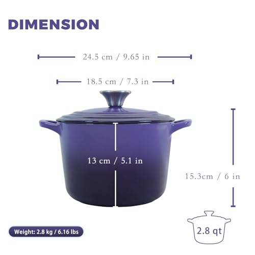 Flavehc Dutch Oven Pot with Lid 2.8 qt Cast Iron Dutch Oven for Bread Baking Purple Enameled Cast Iron Rice Pot with Handels