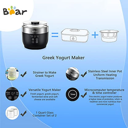 Bear Yogurt Maker, Greek Yogurt Maker Machine with Strainer and Timer Control, Stainless Steel Inner Pot, Automatic Digital with 2 Glass Jars 1 Quart for Home Organic Yogurt, Cheese, Fruit Wine