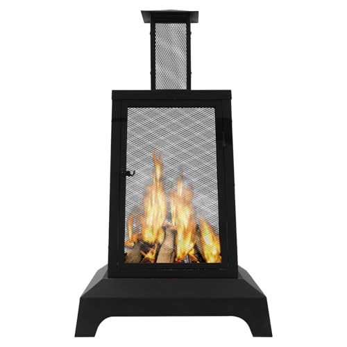 Walsport Chiminea Outdoor Fireplace, 43 Inch Wood Burning Fire Pit with Grill Grate and Spark Screen Cover, Outdoor Fire Pit for Patio, Backyard, Deck Porch and Camping, Black
