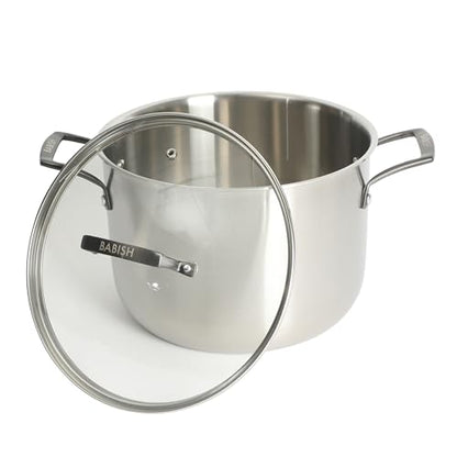 Babish 8 Quart Tri-Ply Stainless Steel Stock Pot with Glass Lid & Black Handles – Dutch Oven, Oven Safe, Dishwasher Safe
