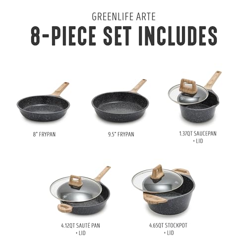 GreenLife 8 Piece Ceramic Nonstick Cookware Set, Induction Suitable Non Toxic PFAS-Free Pots & Pans, Dishwasher Safe, Cooking Set, Stock Pot, Saucepans & Frying Pans, Kitchen Cooking, Granite Black