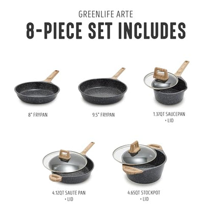 GreenLife 8 Piece Ceramic Nonstick Cookware Set, Induction Suitable Non Toxic PFAS-Free Pots & Pans, Dishwasher Safe, Cooking Set, Stock Pot, Saucepans & Frying Pans, Kitchen Cooking, Granite Black