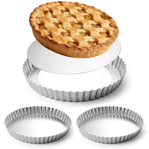 Hushee 2 Pack 9 Inch Tart Pan with Removable Bottom Non-Stick Carbon Steel Quiche Pan for Oven Baking Molds for Pies Quiches Fruit Tart Cake with Fluted Edges, Silver (1 Inch Deep)