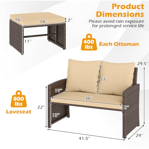 Tangkula Outdoor Loveseat with 2 Ottomans, 3 Pieces Patio PE Wicker Furniture Set with Cushions, Outside Rattan Conversation Set for Balcony, Garden and Backyard (Brown)
