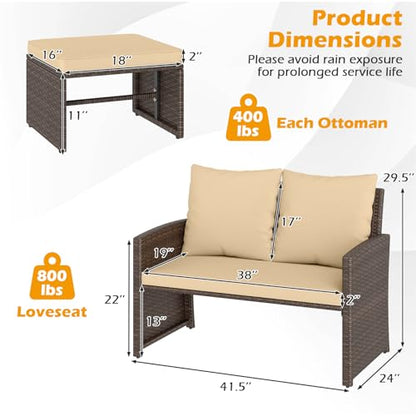 Tangkula Outdoor Loveseat with 2 Ottomans, 3 Pieces Patio PE Wicker Furniture Set with Cushions, Outside Rattan Conversation Set for Balcony, Garden and Backyard (Brown)