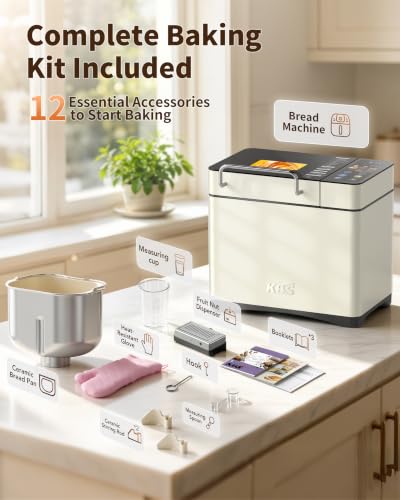 KBS 2.2LB Smart Bread Maker, 20-in-1 Automatic Bread Machine with Color Touchscreen, Dual Heaters, True Ceramic Pan, Auto Nut Dispenser, 2 Custom Programs, Sourdough&Gluten Free, White Stainless Steel
