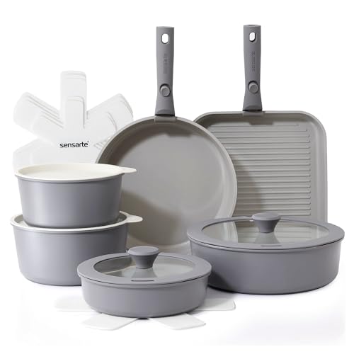 SENSARTE 17 Piece Ceramic Pots and Pans Set, Nonstick Detachable Handle Cookware, Induction Kitchen Cookware Set with Removable Handle, Dishwasher ＆ Oven Safe (Gray)