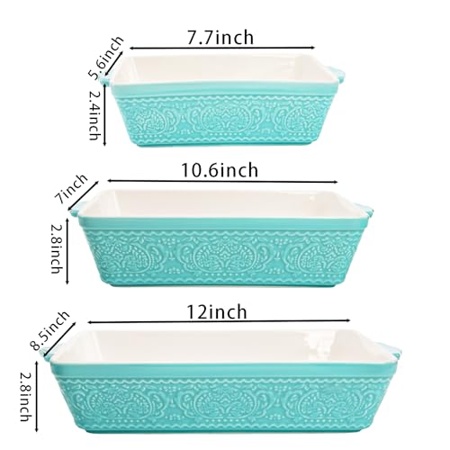 SOUJOY Ceramic Baking Dish Set of 3, Oven-to-Table and Non-Stick Rectangular Casserole Dishes with Sturdy Handles, Space-Saving Stack Lasagna Pan for Cooking, Serving, Roasting, Gifting, Turquoise