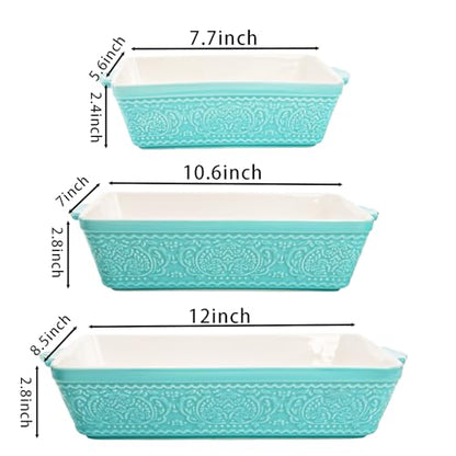 SOUJOY Ceramic Baking Dish Set of 3, Oven-to-Table and Non-Stick Rectangular Casserole Dishes with Sturdy Handles, Space-Saving Stack Lasagna Pan for Cooking, Serving, Roasting, Gifting, Turquoise