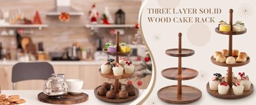 BURMAN Cupcake Stand Dessert Table Display Set – 2 in 1 Adjustable Height Rustic Natural Acacia Cupcake Holder Round Wood Tray – Three Tiered Serving Stand with Rotating Wheels, Anti Slip Stickers