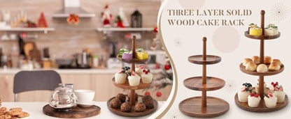 BURMAN Cupcake Stand Dessert Table Display Set – 2 in 1 Adjustable Height Rustic Natural Acacia Cupcake Holder Round Wood Tray – Three Tiered Serving Stand with Rotating Wheels, Anti Slip Stickers