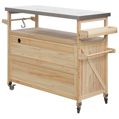 YOPTO Outdoor Kitchen Island,Rolling Bar Cart & Storage Cabinet,Solid Wood Outdoor Grill Table W/Stainless Steel Work Top,Spice Rack & Towel Rack,Easy to Clean for Kitchen,Poolside,Patio,BBQ,Natural