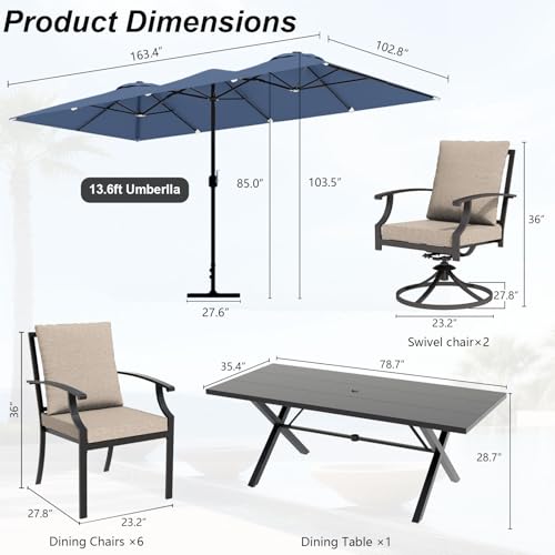 ASJMR 10 Piece Outdoor Dining Set for 8, Patio Table and Chairs Set with Umbrella, Metal Patio Furniture Set with 2 Swivel Chairs, Outdoor Table and Chairs with Cushions for Lawn, Garden, Yard-Sand