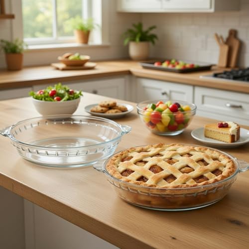 Uiifan 2 Packs 9 Inches Mini Glass Pie Pan for Baking Clear Pie Plate with Handles Round Glass Dish for Baking and Serving, Snacks, Salads, Desserts