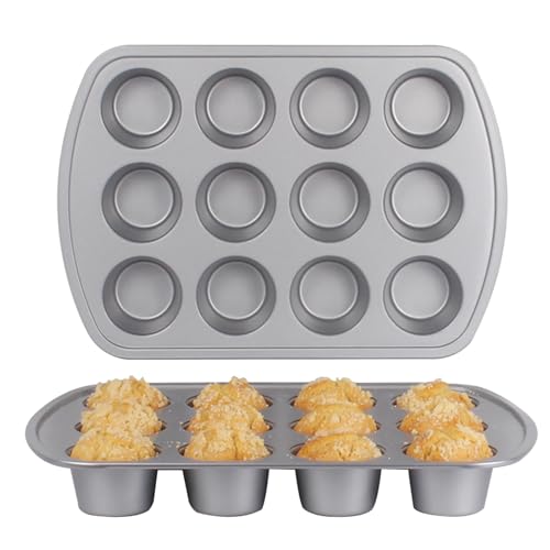 wivplik Deep Well Muffin Pan - 12-Cup 2-Pack, 1.77-Inch Deep Cups (50% More Batter), Heavy Duty Carbon Steel with Nonstick and Non-Toxic Coating, 15.9 x 11.1 Inches