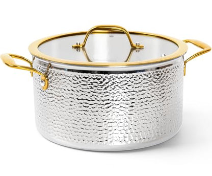 Michelangelo Triply Stainless Steel Stock Pot with Lid, Luxury Hammered Stainless Steel 6 Quart Pot with Lid & Golden Handle, Premium Induction Stockpot - 6QT