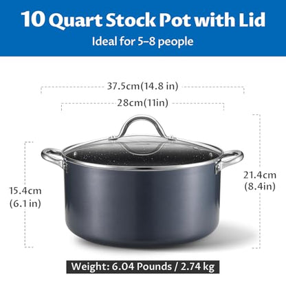 BEZIA 10 Quart Cooking Pot, Large Non Stick Induction Stock Pots with Lid, All Stove Compatible, 10 QT Aluminum Soup/Stew Pot For Large Families or Meal Prepping, Grey