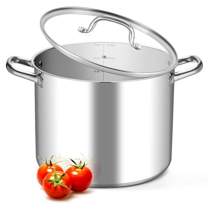 Leonyo 20QT Stock Pot, 18/10 Stainless Steel Soup Pot With Lid, Heavy Duty Stockpot Compatible with All Stoves, Food Grade Cookware for Pasta, Seafood, Spaghetti, Non Stick & Tri-Ply Base
