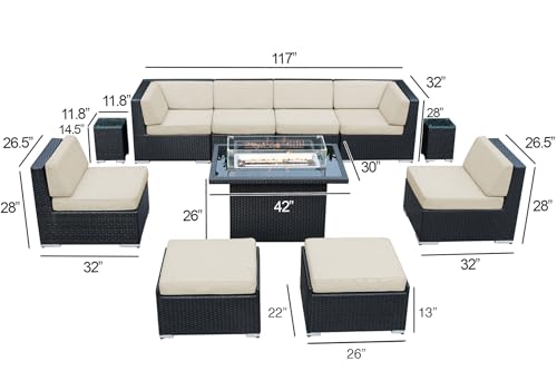 Fully Assembled Sunbrella Taupe Sectional 11 Piece Ohana Outdoor Patio Furniture Black Wicker Conversation Oversize Set with 42-inch Propane Gas Fire Table