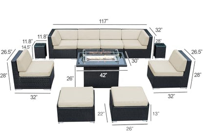 Fully Assembled Sunbrella Taupe Sectional 11 Piece Ohana Outdoor Patio Furniture Black Wicker Conversation Oversize Set with 42-inch Propane Gas Fire Table