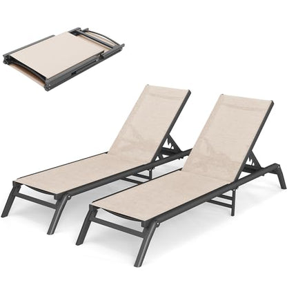 Murago Outdoor Chaise Lounge Chair Set of 2, No Assembly Foldable Lightweight Patio Lounge Chair, 5-Position Adjustable Backrest, Pool Lounge Chairs for Poolside, Beach, Patio, Lawn, Khaki