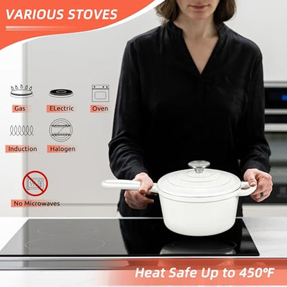 HaSteeL 3 QT Cast Iron Saucepan, Enamel dutch oven with lid, Small Non Stick Pan for Milk, Pasta Tomato Sauce, Butter, Breakfast, Soup, Suitable for Boiling Stewing Frying, Easy to Clean, White