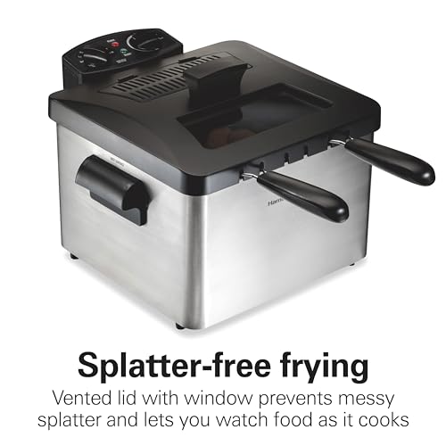 Hamilton Beach Electric Deep Fryer with 2 Baskets and Lid, 4.5 Liters / 19 Cups Oil Capacity, Temperature Control, View Window, Professional Style, 1800 Watts, Stainless Steel (35036)