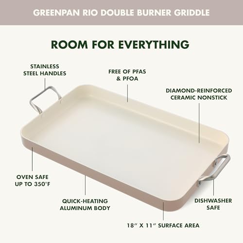 GreenPan 18" x 11" Double Burner Griddle Pan, Hard Anodized Healthy Ceramic Nonstick PFAS-Free, Stainless Steel Handles, Stovetop Cooking, Dishwasher Safe, Oven & Broiler Safe Cookware, Taupe