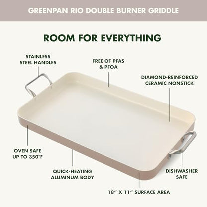 GreenPan 18" x 11" Double Burner Griddle Pan, Hard Anodized Healthy Ceramic Nonstick PFAS-Free, Stainless Steel Handles, Stovetop Cooking, Dishwasher Safe, Oven & Broiler Safe Cookware, Taupe