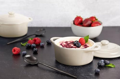 Kook Ceramic Mini Cocotte Set, Small Casserole Dishes with Lids and Handles, Individual Baking Ramekins, Oven, Microwave & Dishwasher Safe, Stoneware, 12 oz, Set of 4, Ivory