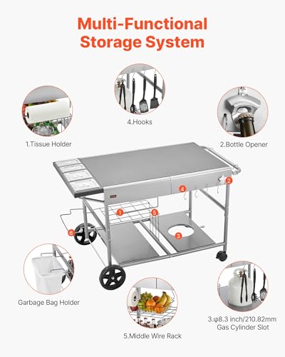 VEVOR Outdoor Grill Cart, 36.4 x 23.4 x 1 inch Tabletop Size Grilling Table, Movable Outdoor Cooking Table with 4 Spice Containers, Wheels, Lids, Hooks, BBQ Prep Tables for Picnic, Kitchen, Courtyard