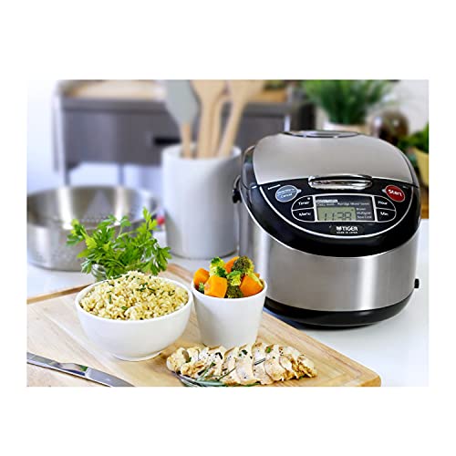 TIGER JAX-T10U-K 5.5-Cup (Uncooked) Micom Rice Cooker and Warmer with Tacook Food Steamer Cooking Tray Technology and 10 Auto-Cook Settings, Stainless Steel Black