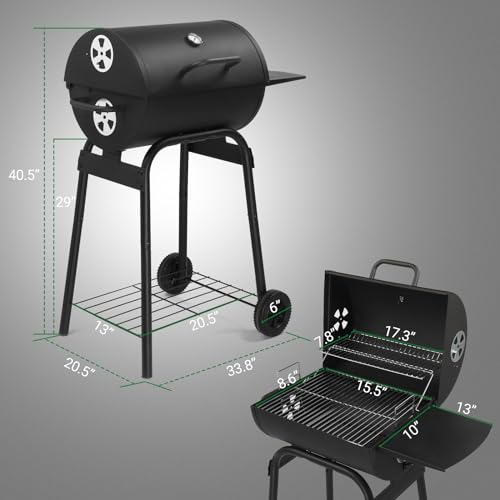 VINGLI Barrel Charcoal Grill with Side Table, BBQ Grill Outdoor Smoker Grill with Wheels for Party Garden Patio and Backyard Cooking 33.9"D x 20.5"W x 40.6"H