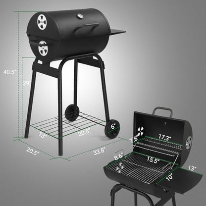VINGLI Barrel Charcoal Grill with Side Table, BBQ Grill Outdoor Smoker Grill with Wheels for Party Garden Patio and Backyard Cooking 33.9"D x 20.5"W x 40.6"H