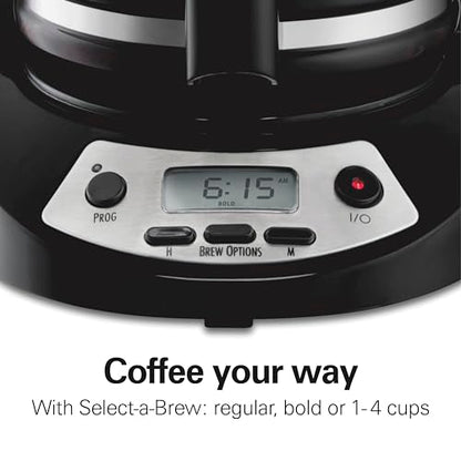 Hamilton Beach 12 Cup Programmable Drip Coffee Maker Machine, Regular & Bold Brew Options, Auto Pause and Pour, Glass Carafe, Black with Stainless Accents (46299J)